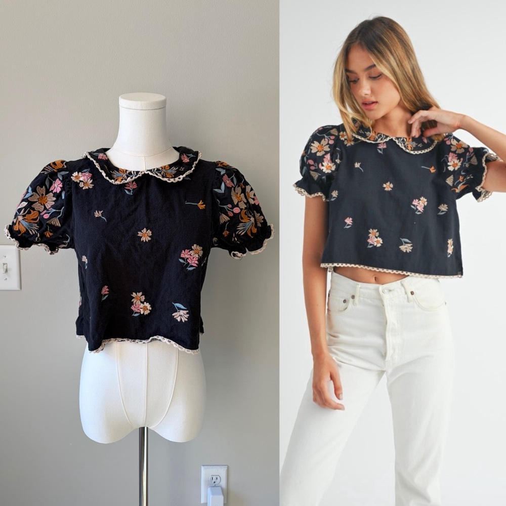 Black Floral Cropped Puff-Sleeve Blouse